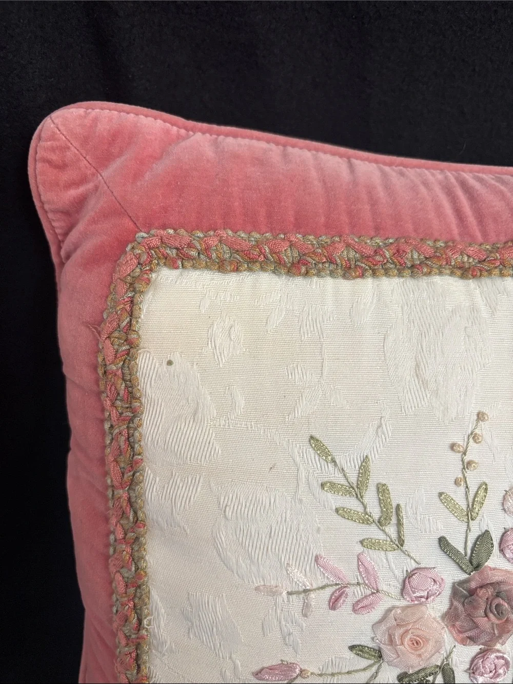 Vintage Velvet Rose Decorative Pillow - Soft Pink, Green, Cream Embroidery